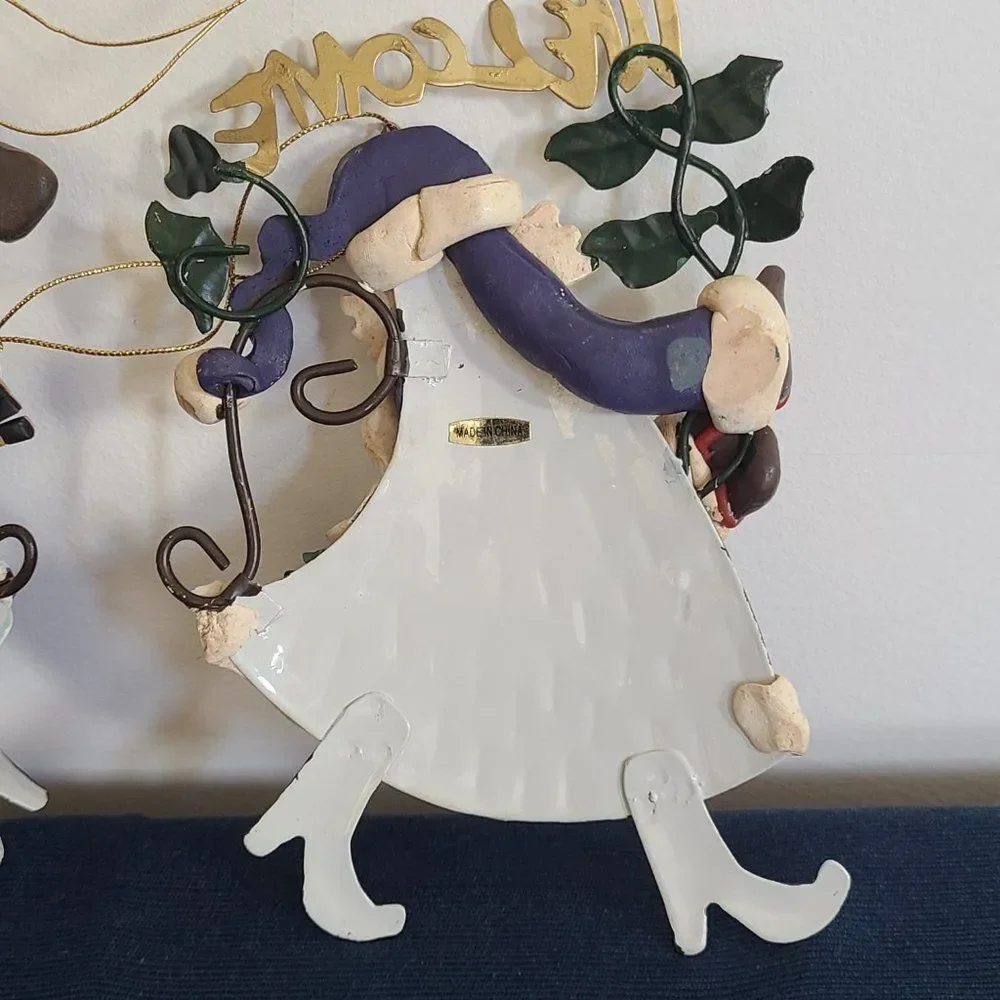 Large Metal & Clay Santa Claus & Snowman Winter Christmas Holiday Ornaments VTG